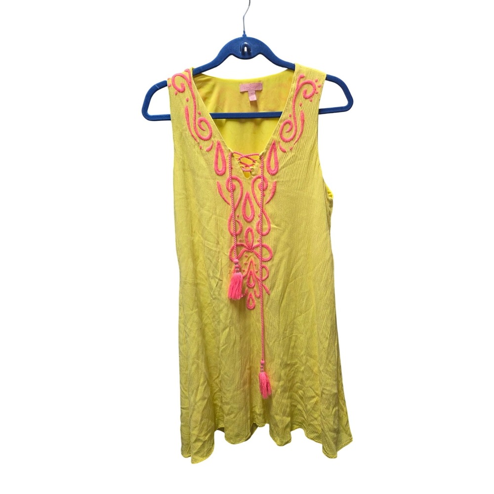 Lilly Pulitzer Bethany Sleeveless Embroidered Shift Dress Neon Yellow Size Med - Picture 5 of 8